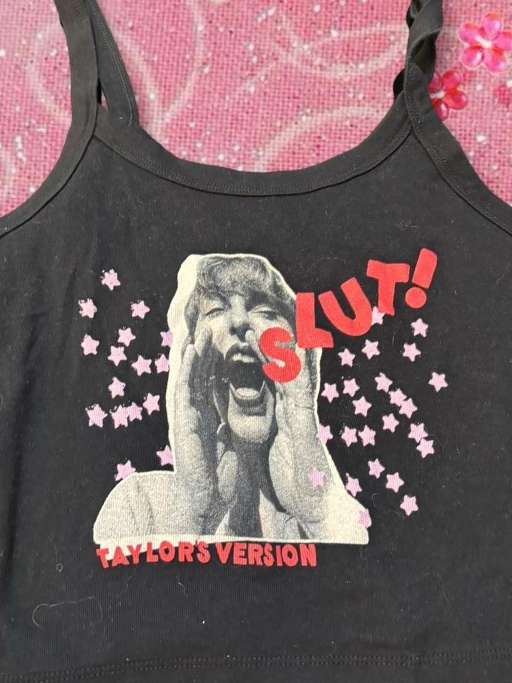 Taylor Swift Black Tank Top with Pink Stars and Red Text